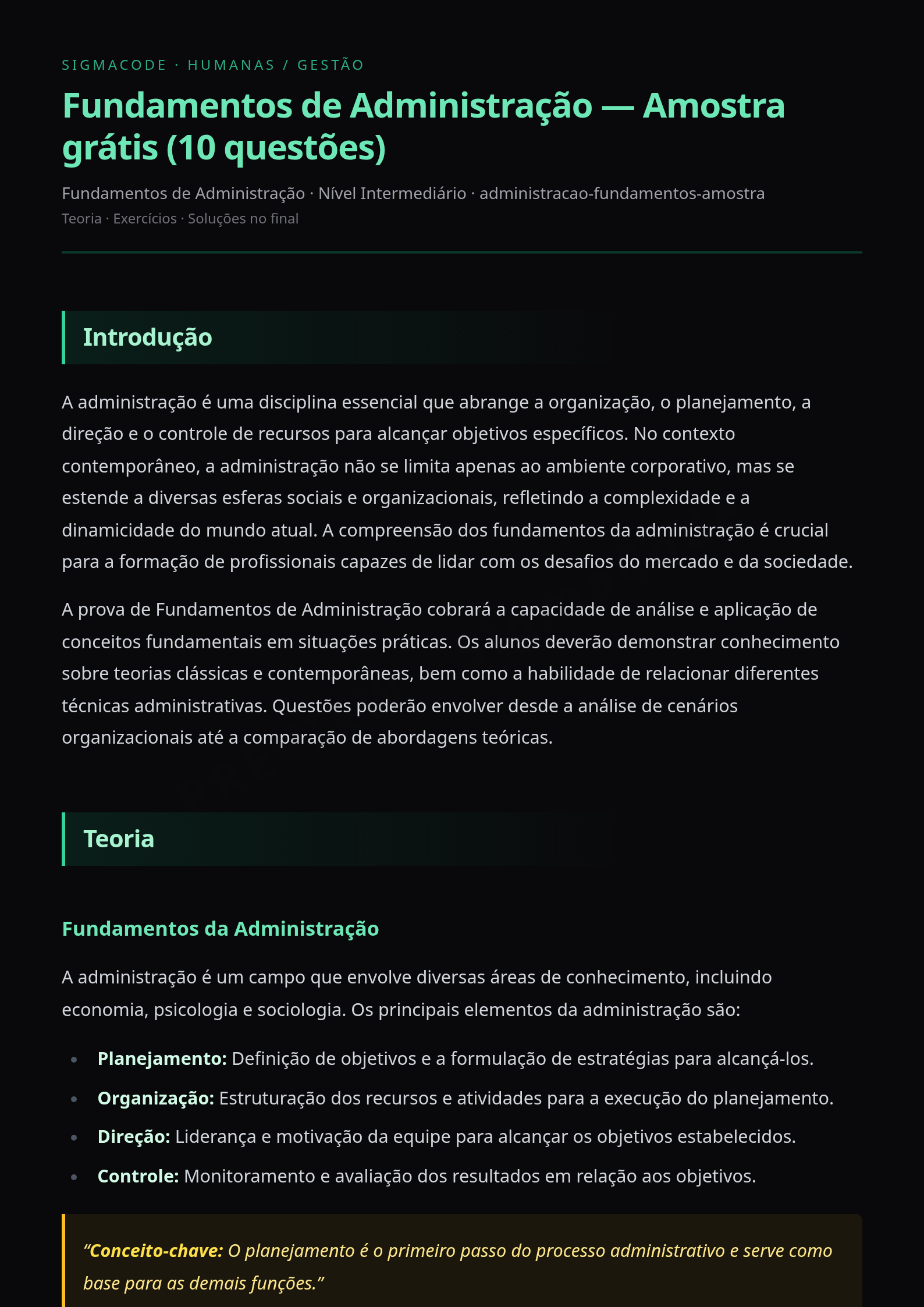 Preview página 1 — Fundamentos de Administração — Amostra grátis (10 questões)