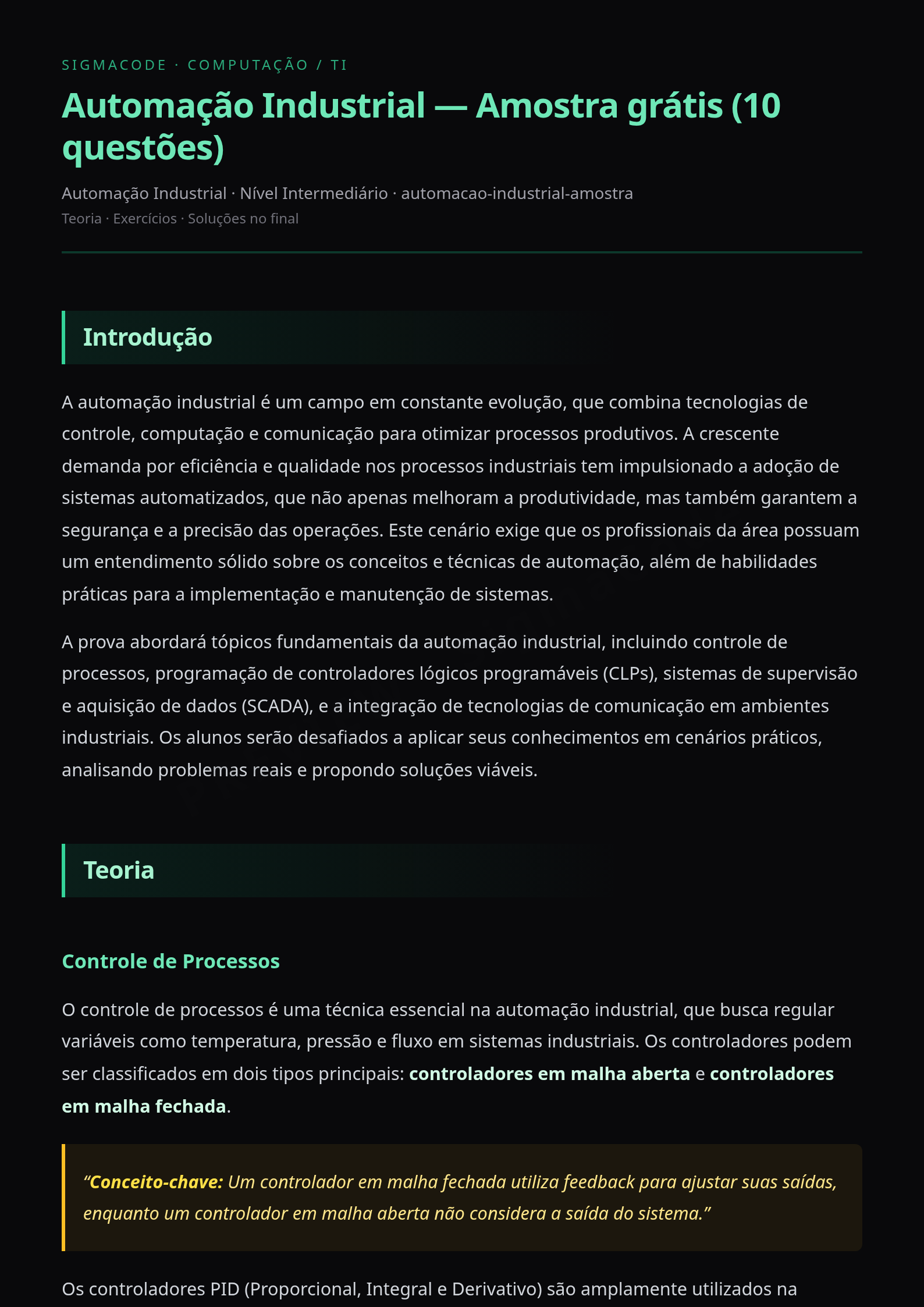 Preview página 1 — Automação Industrial — Amostra grátis (10 questões)