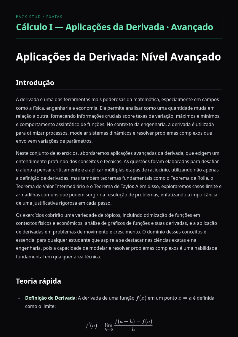 Preview página 1 — Cálculo I — Aplicações da Derivada · Avançado