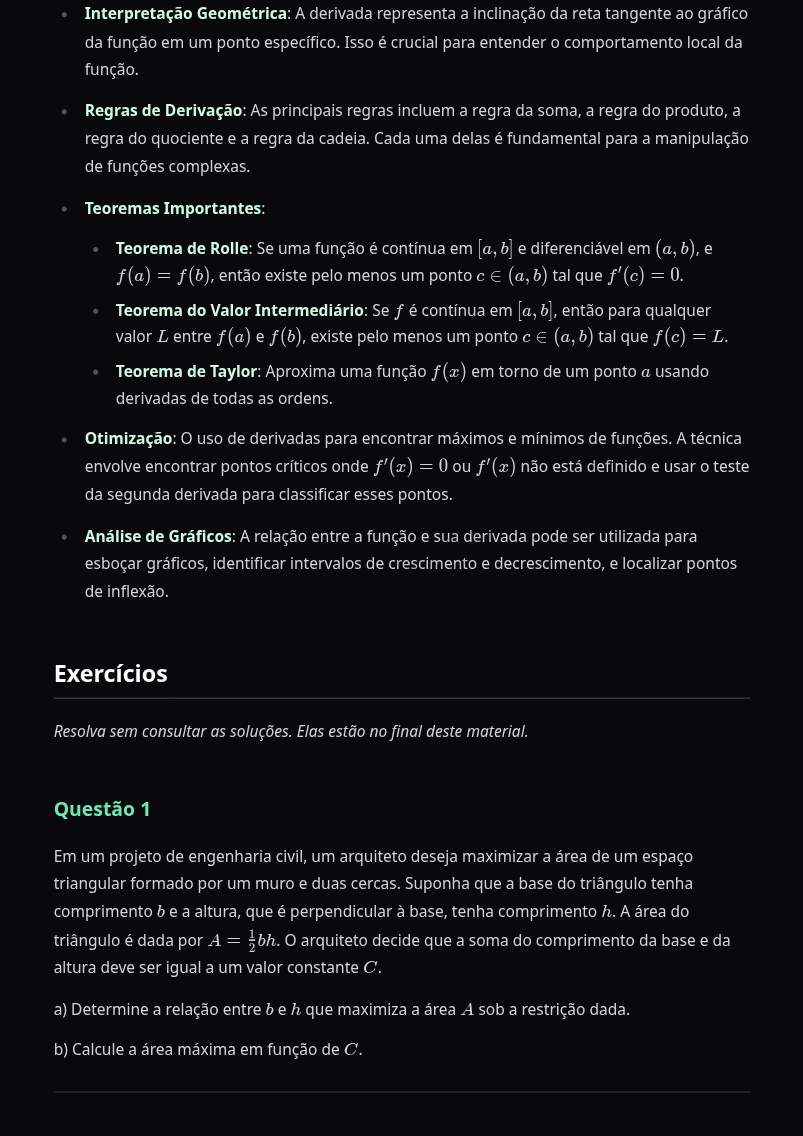 Preview página 2 — Cálculo I — Aplicações da Derivada · Avançado