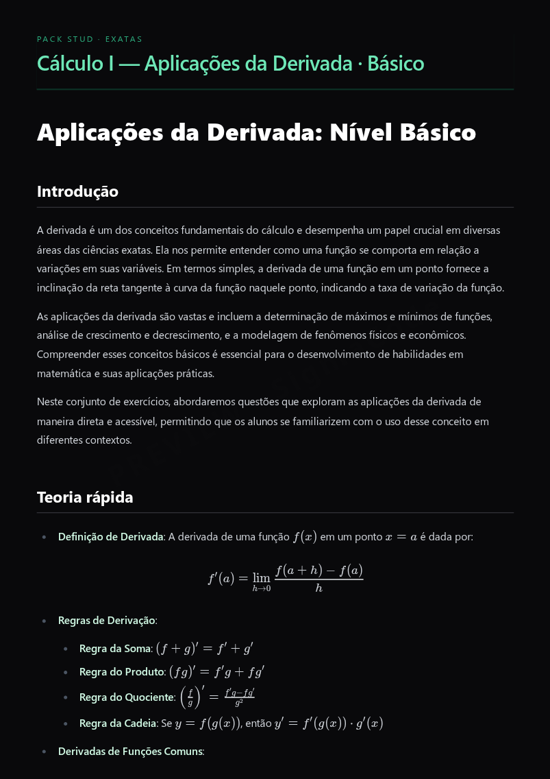 Preview página 1 — Cálculo I — Aplicações da Derivada · Básico