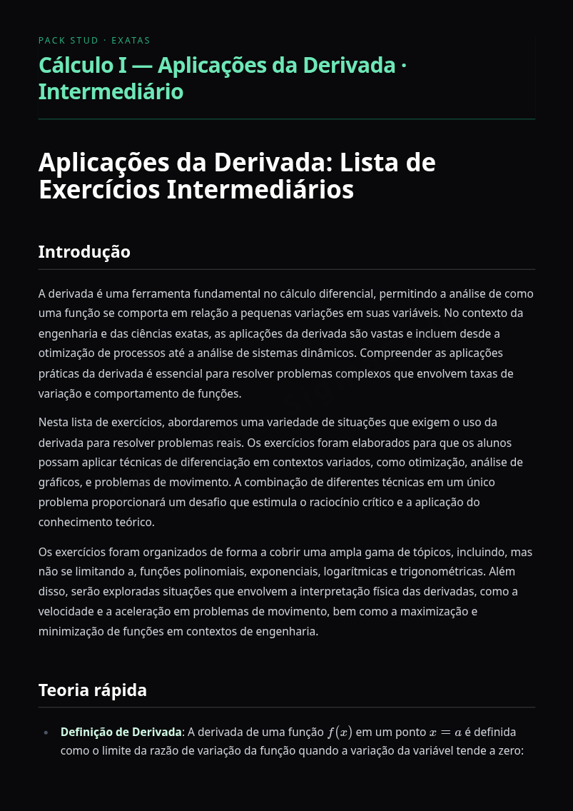 Preview página 1 — Cálculo I — Aplicações da Derivada · Intermediário