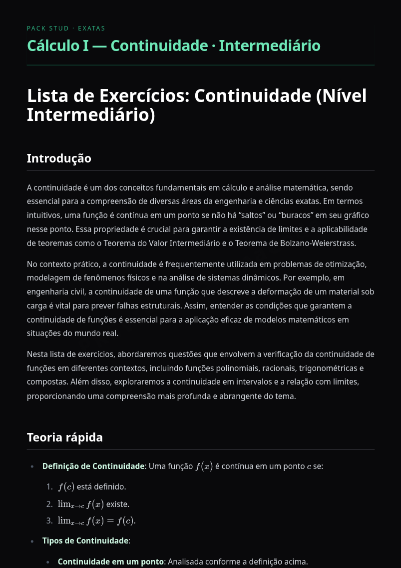 Preview página 1 — Cálculo I — Continuidade · Intermediário