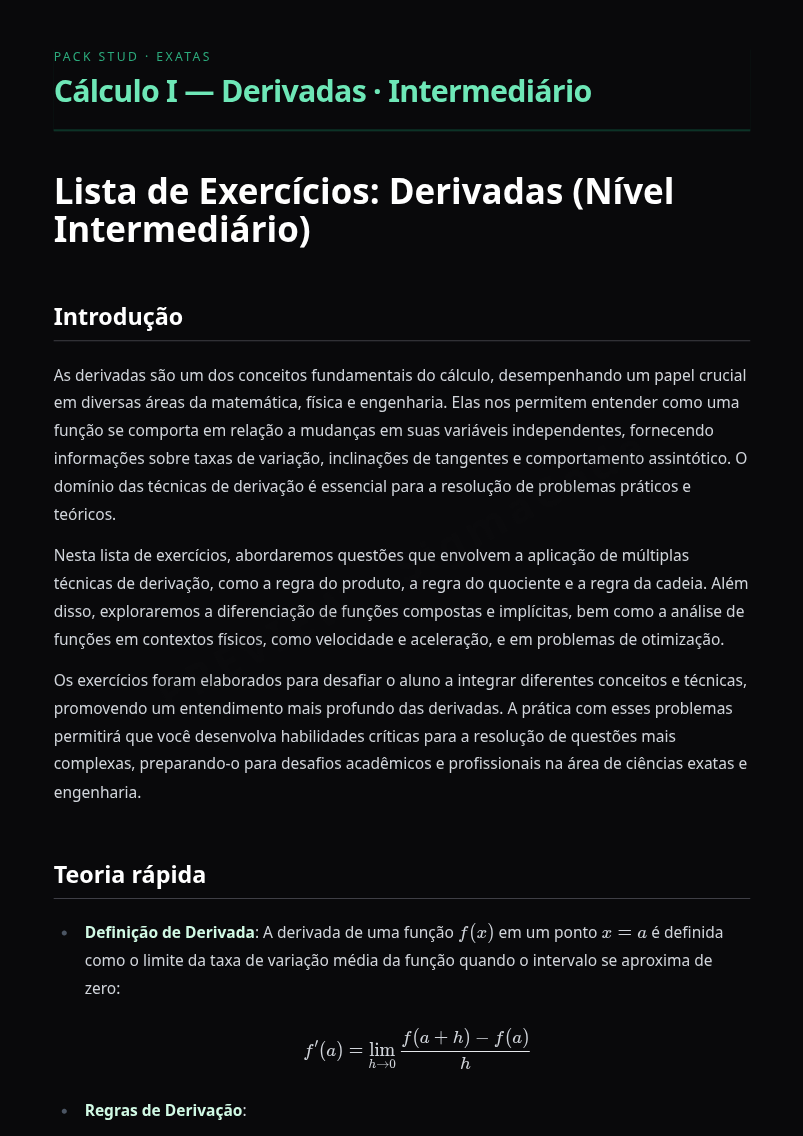 Preview página 1 — Cálculo I — Derivadas · Intermediário