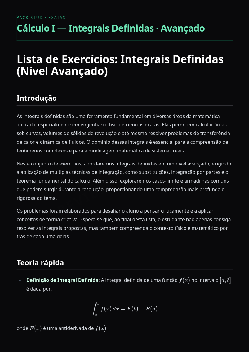 Preview página 1 — Cálculo I — Integrais Definidas · Avançado