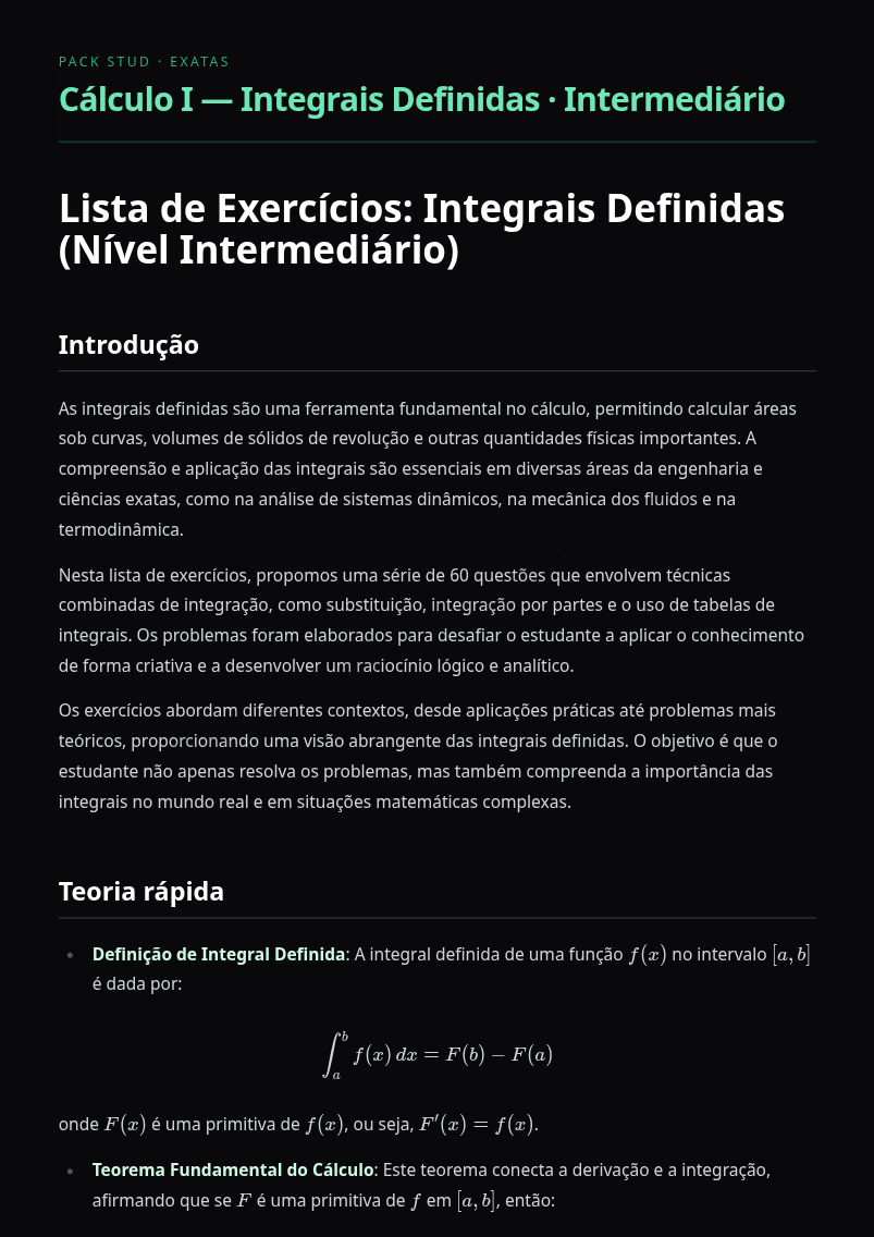 Preview página 1 — Cálculo I — Integrais Definidas · Intermediário