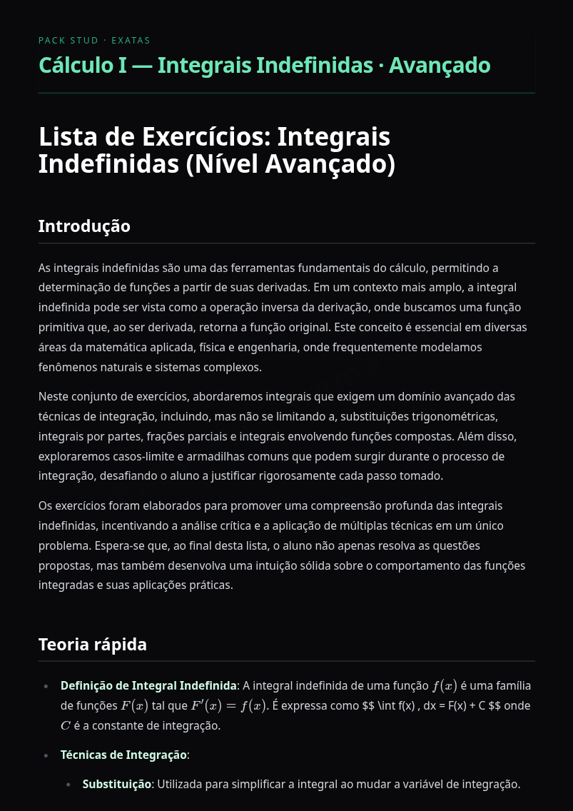 Preview página 1 — Cálculo I — Integrais Indefinidas · Avançado