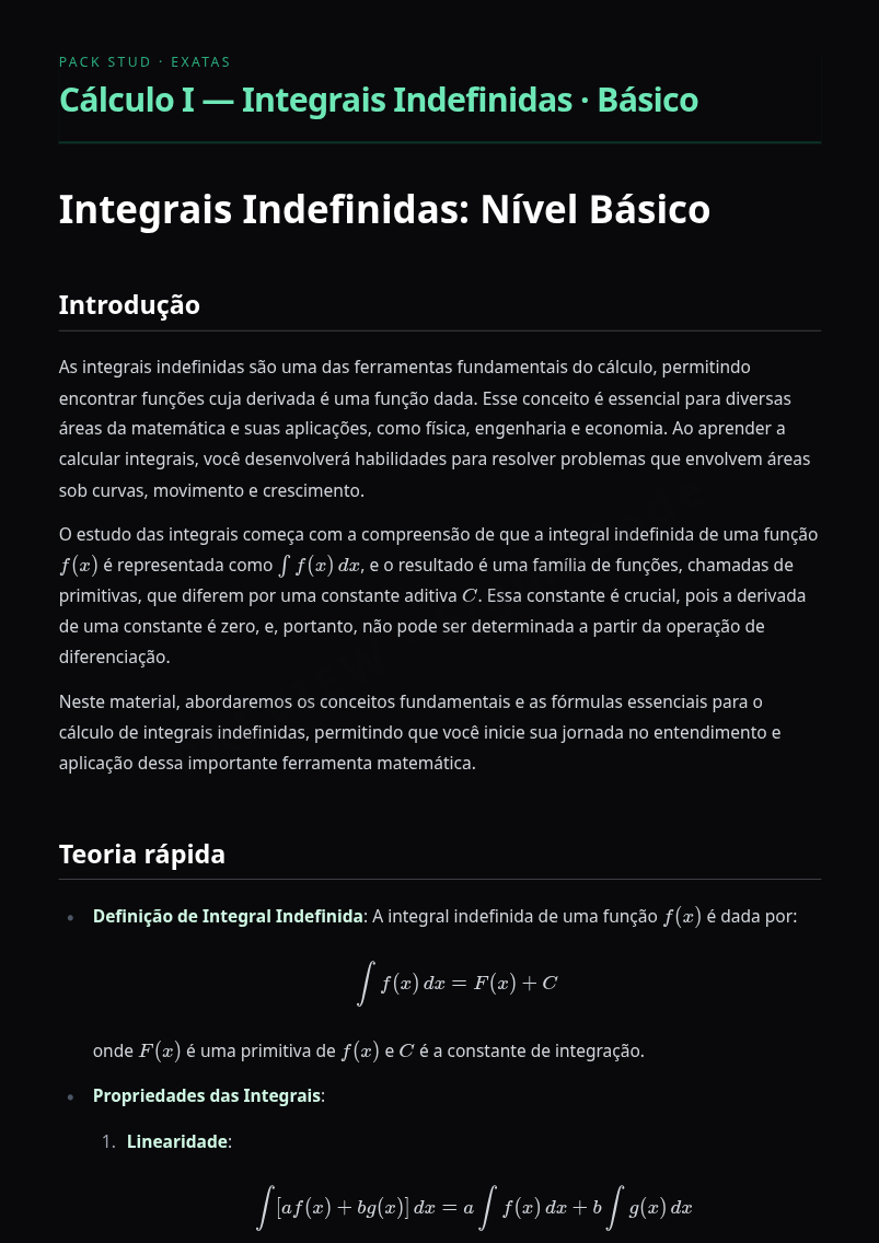 Preview página 1 — Cálculo I — Integrais Indefinidas · Básico