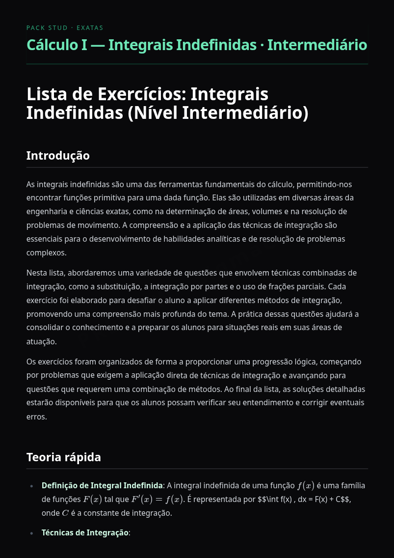 Preview página 1 — Cálculo I — Integrais Indefinidas · Intermediário