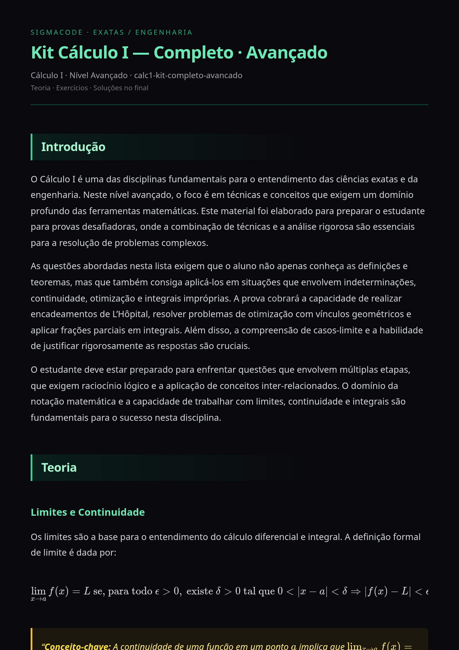 Preview página 1 — Kit Cálculo I — Completo · Avançado
