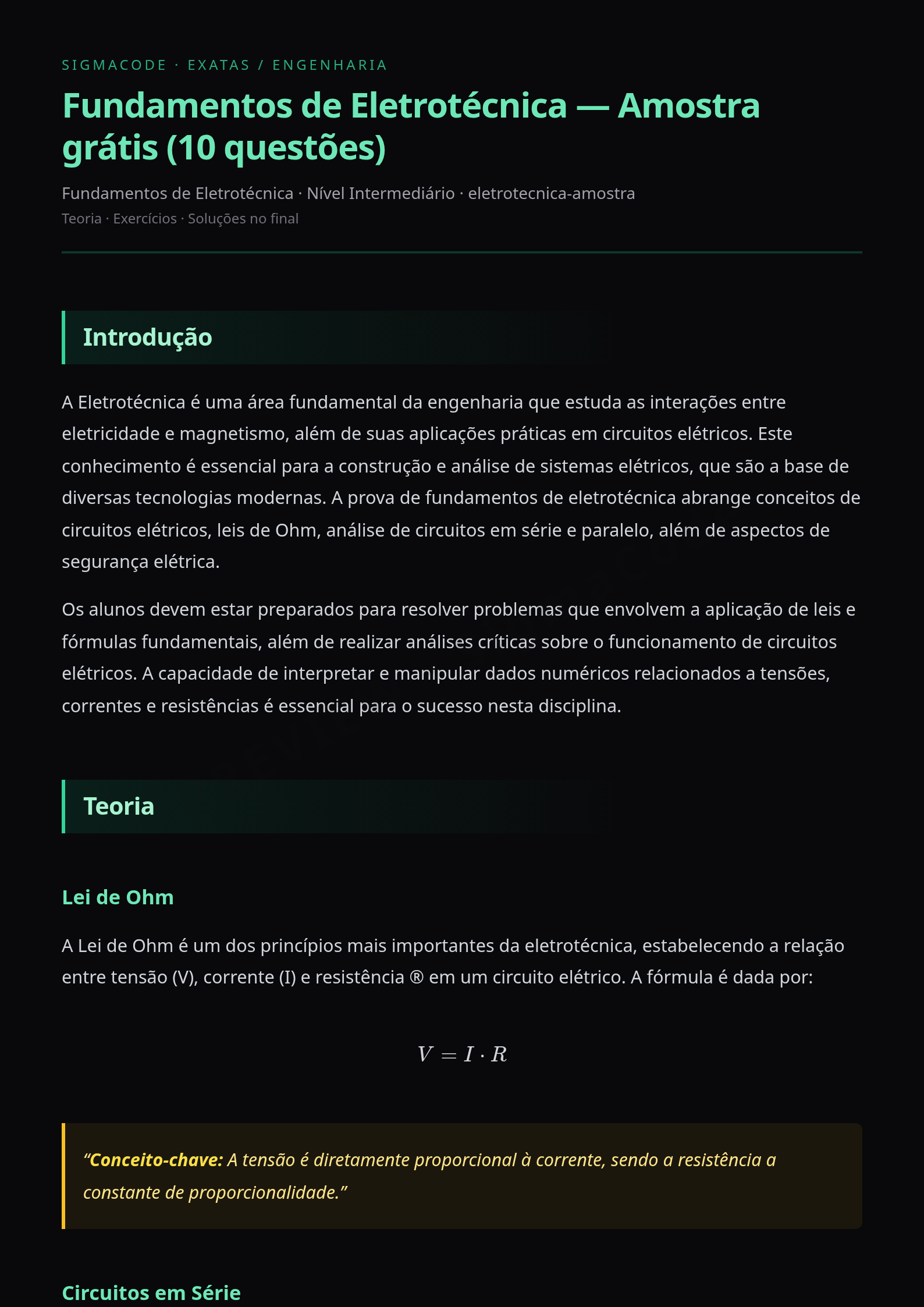 Preview página 1 — Fundamentos de Eletrotécnica — Amostra grátis (10 questões)