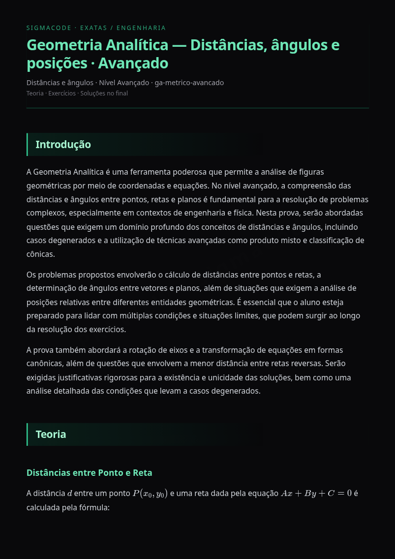 Preview página 1 — Geometria Analítica — Distâncias, ângulos e posições · Avançado