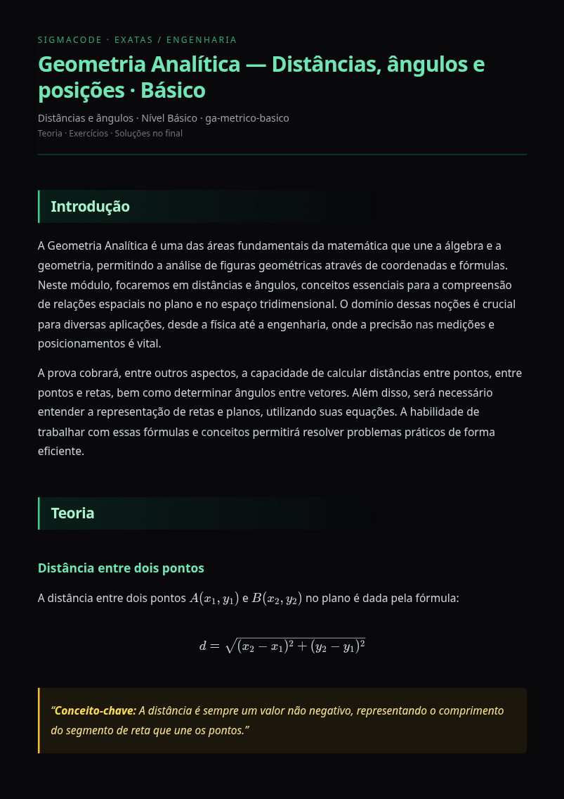 Preview página 1 — Geometria Analítica — Distâncias, ângulos e posições · Básico