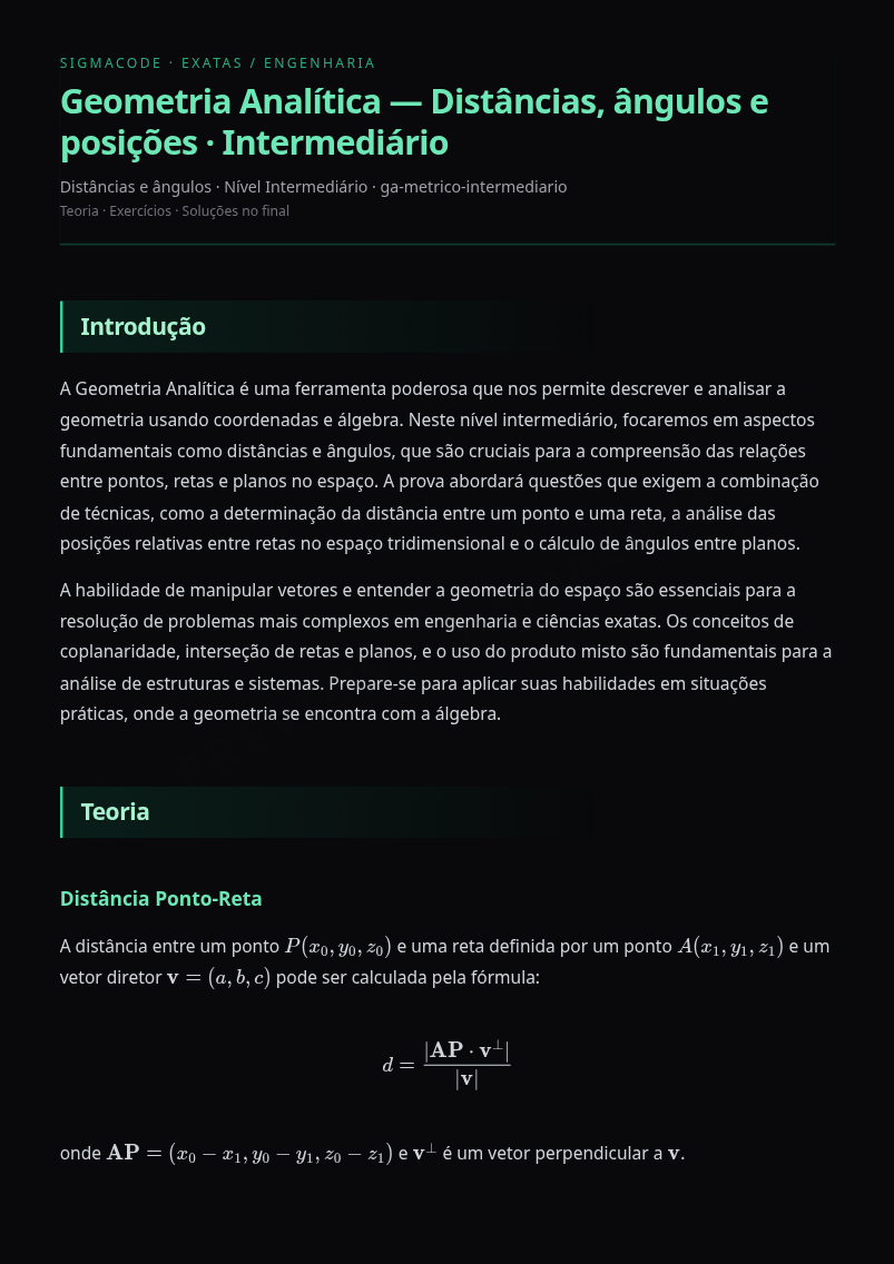 Preview página 1 — Geometria Analítica — Distâncias, ângulos e posições · Intermediário