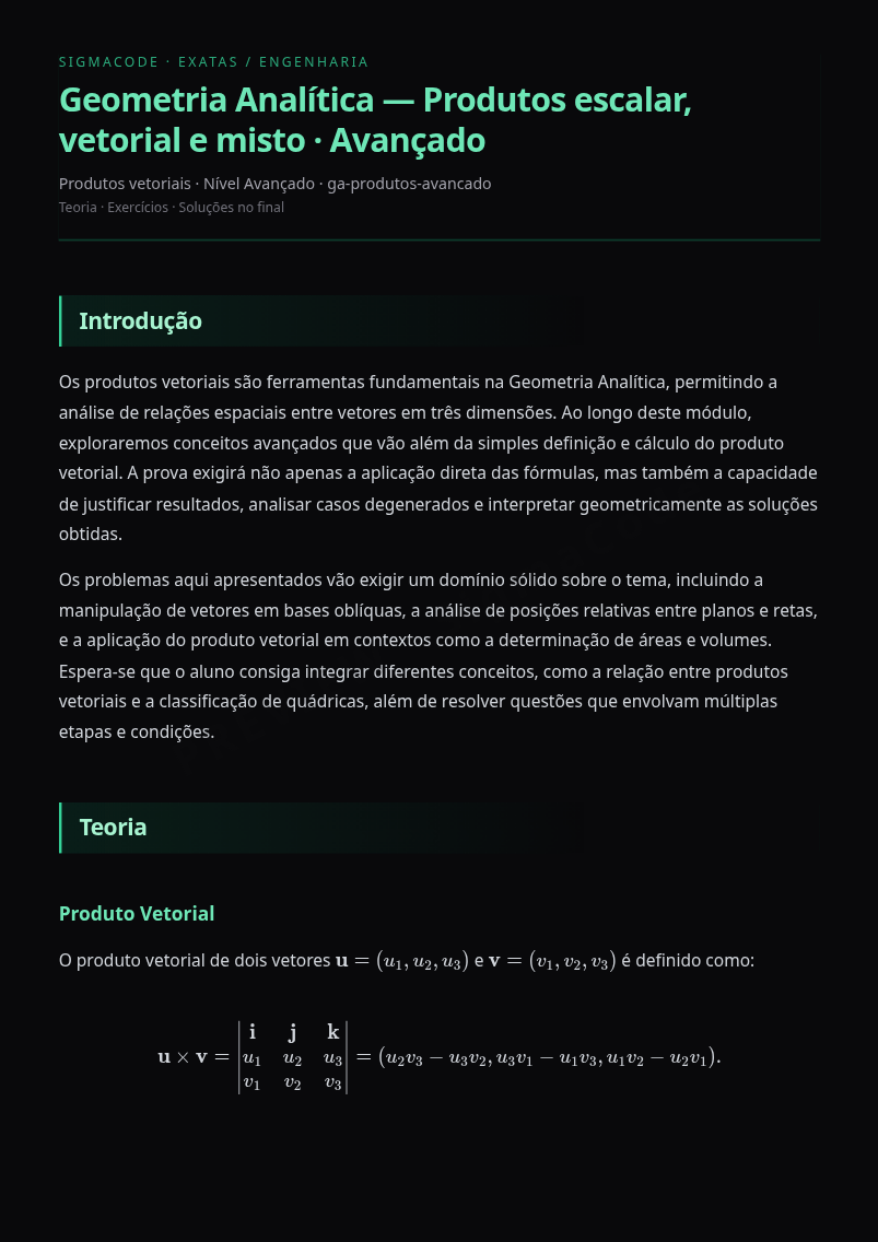 Preview página 1 — Geometria Analítica — Produtos escalar, vetorial e misto · Avançado