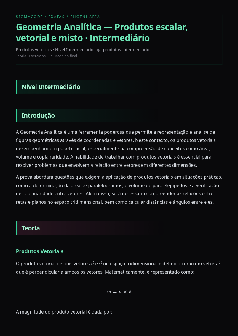Preview página 1 — Geometria Analítica — Produtos escalar, vetorial e misto · Intermediário