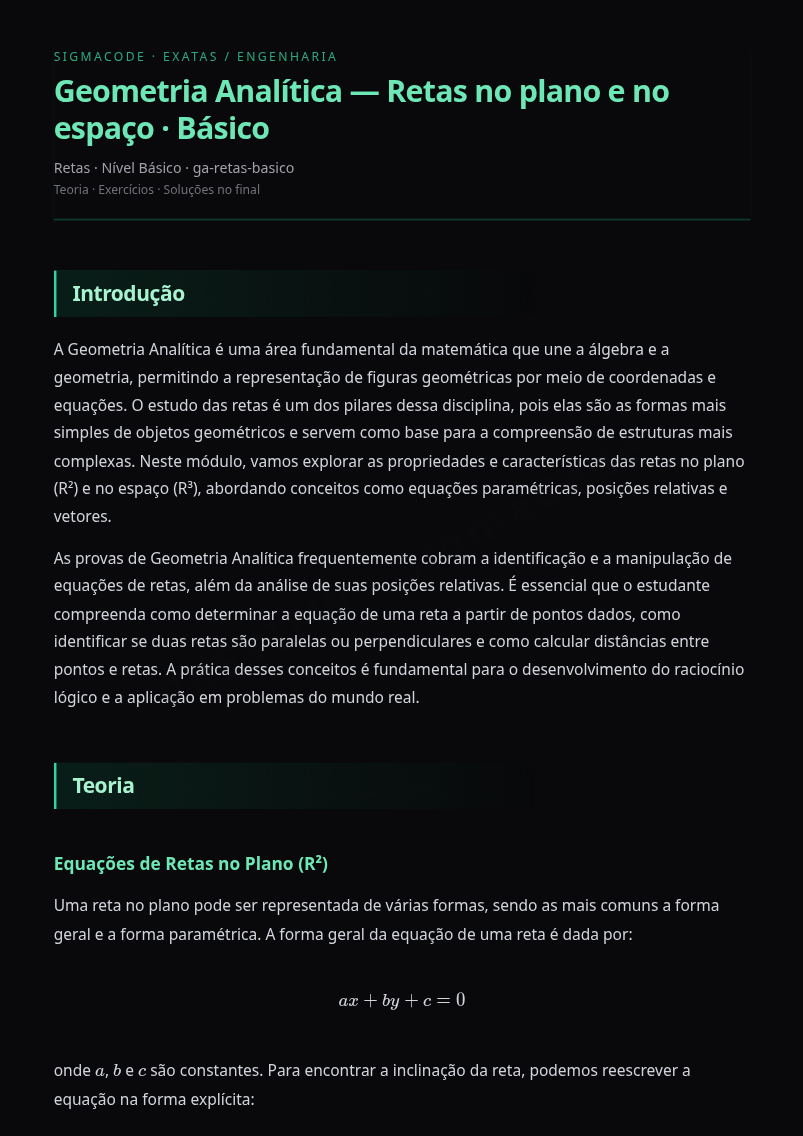 Preview página 1 — Geometria Analítica — Retas no plano e no espaço · Básico