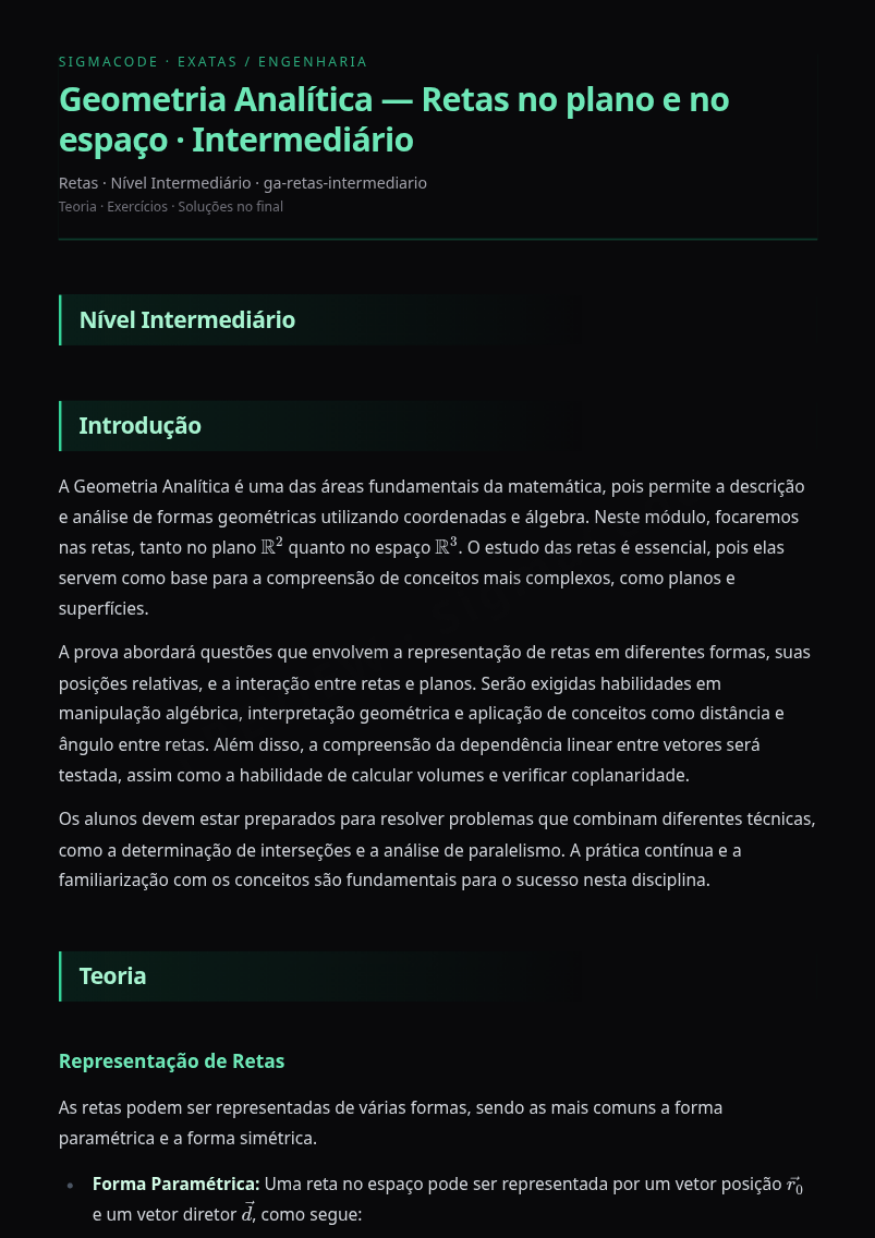 Preview página 1 — Geometria Analítica — Retas no plano e no espaço · Intermediário