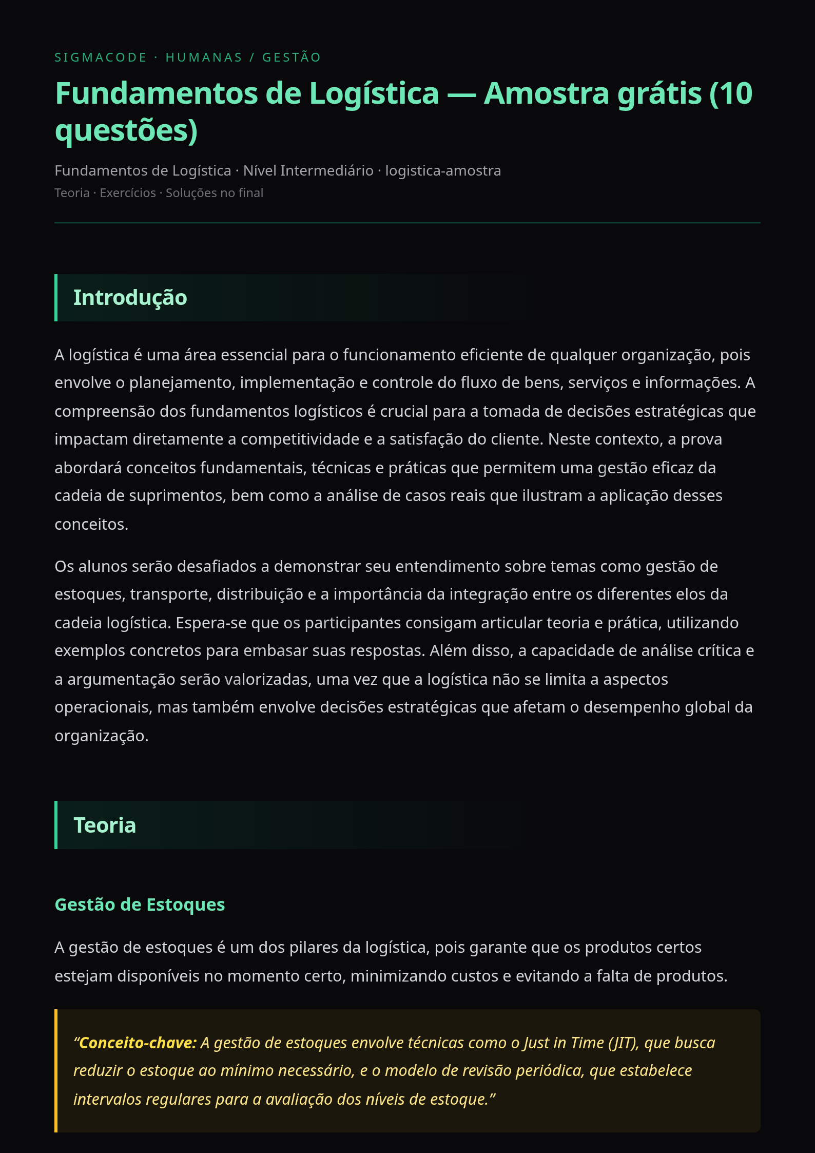Preview página 1 — Fundamentos de Logística — Amostra grátis (10 questões)