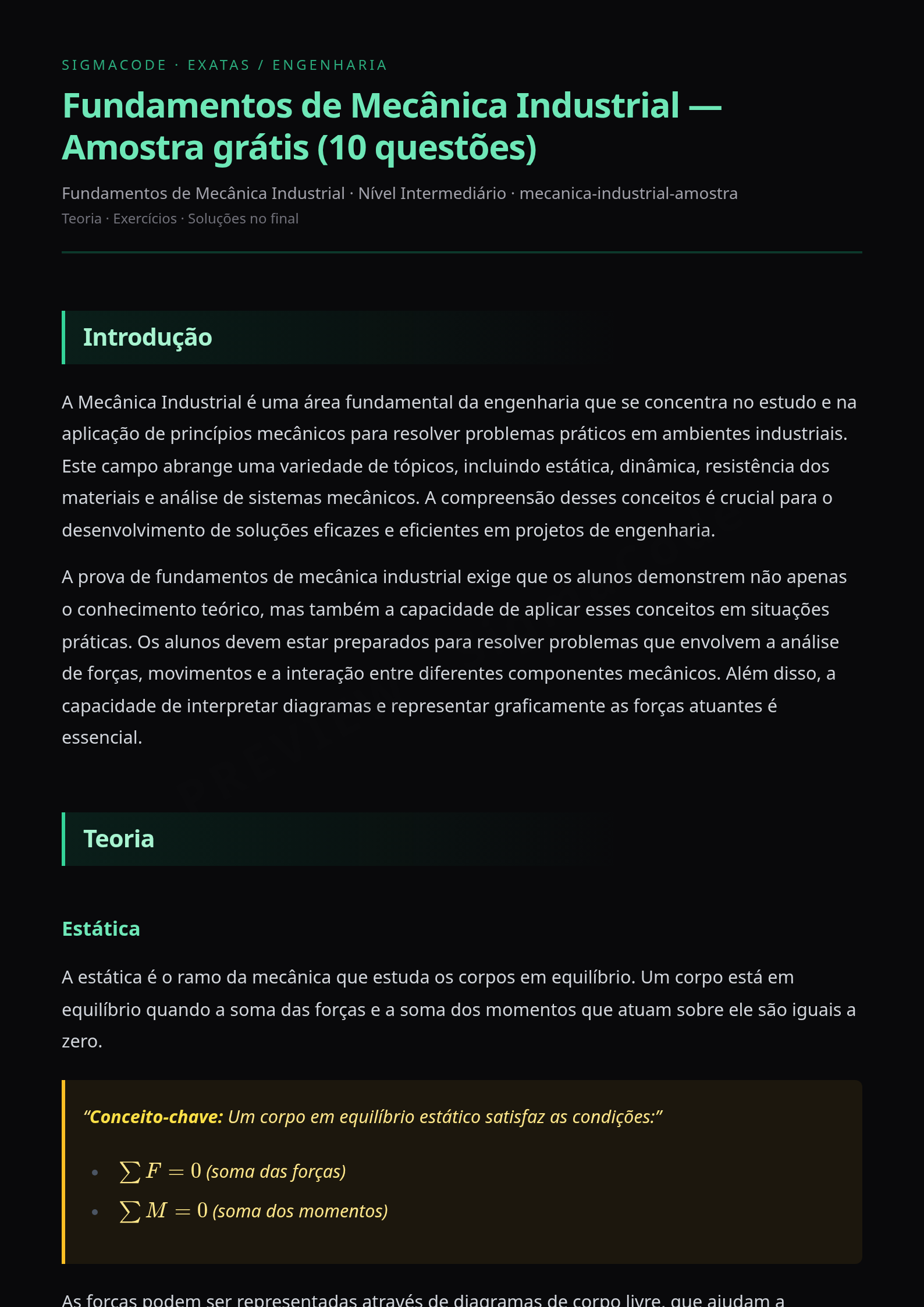 Preview página 1 — Fundamentos de Mecânica Industrial — Amostra grátis (10 questões)