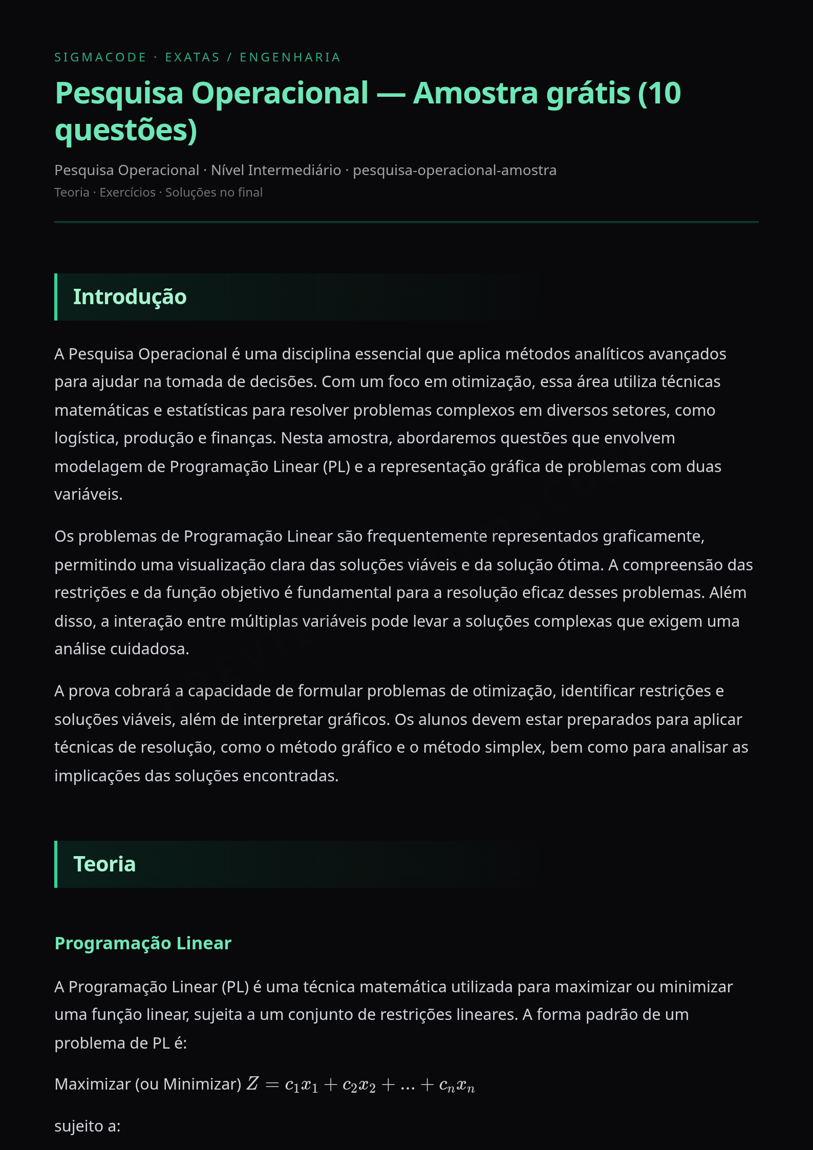 Preview página 1 — Pesquisa Operacional — Amostra grátis (10 questões)