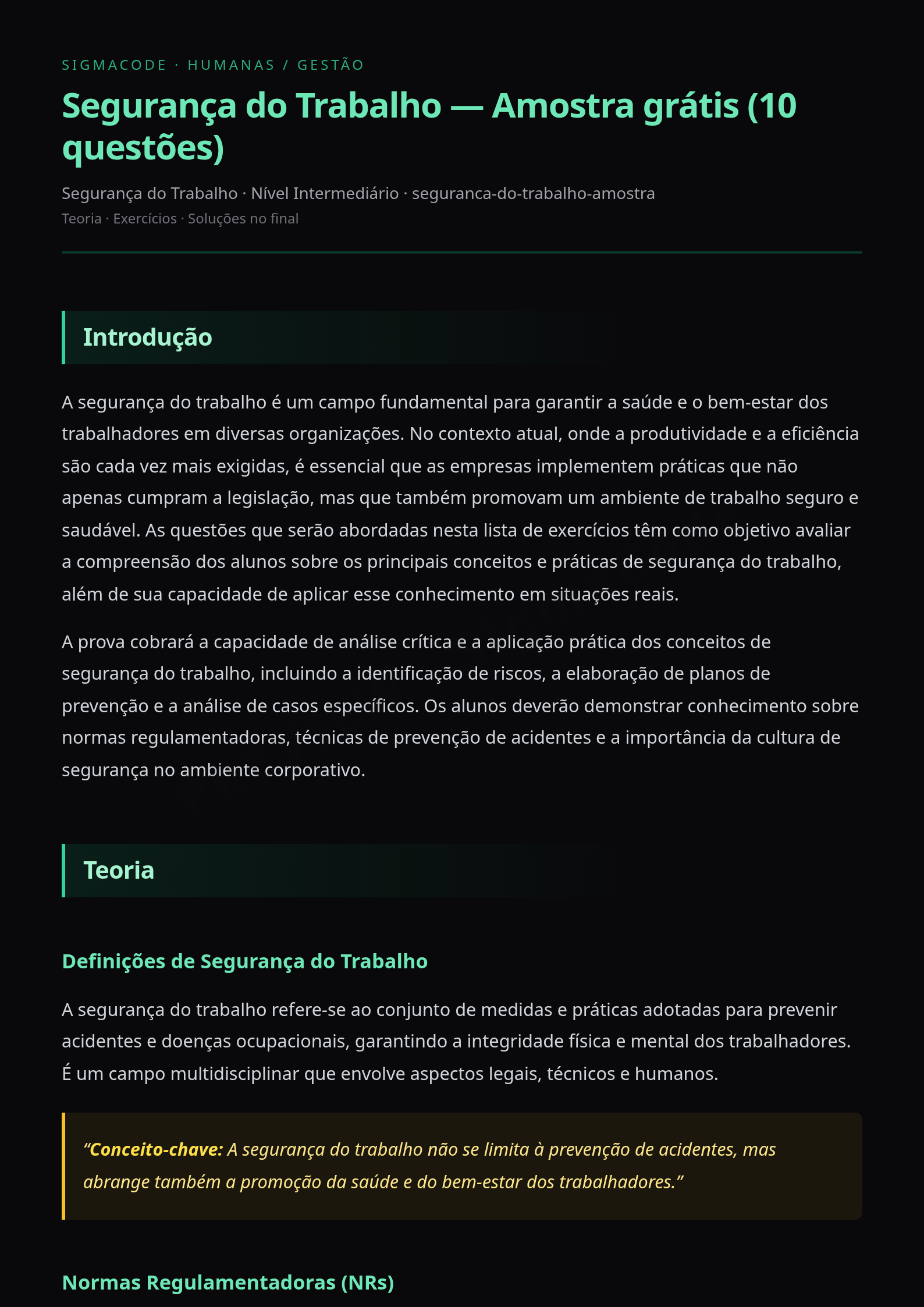 Preview página 1 — Segurança do Trabalho — Amostra grátis (10 questões)